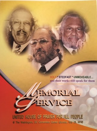 Sunday, May 29, 2016 Memorial Service program bulletin for the United House of Prayer for All People.